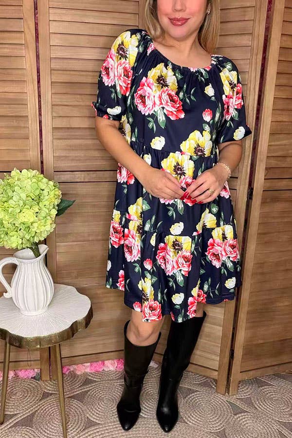 Floral print off shoulder short sleeve women dress GJQ15155