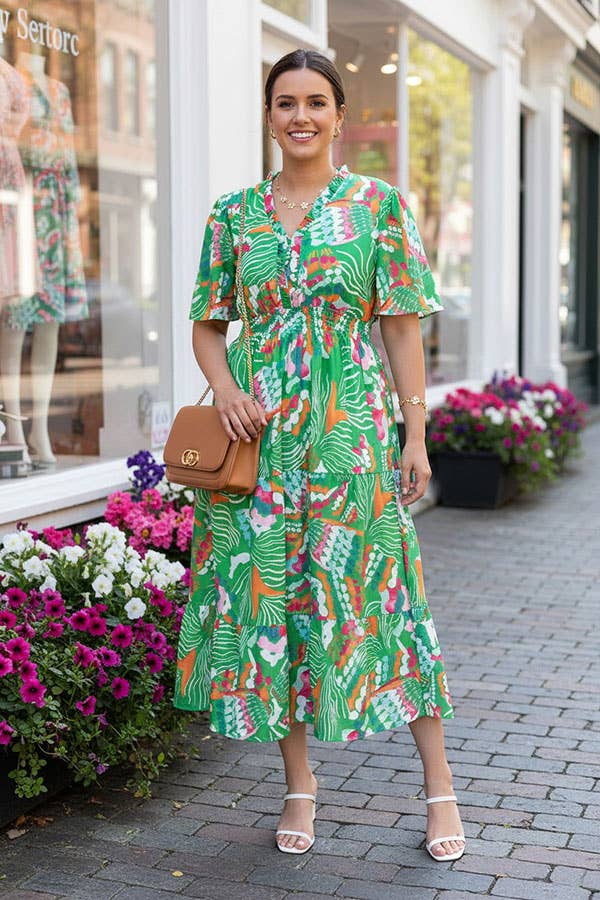 Green floral spring short sleeve women dress GJQ16824