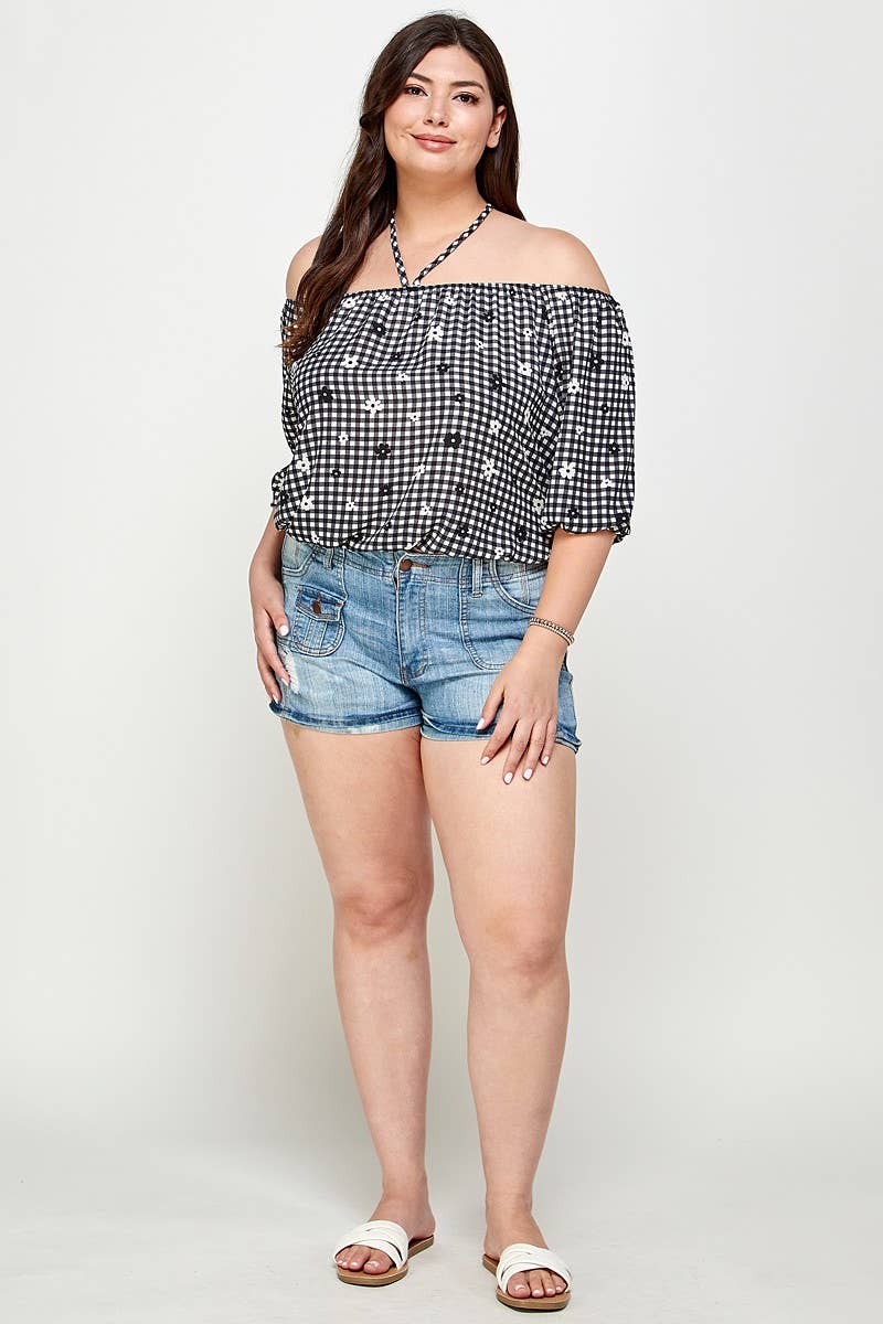 Plus Size Checker Off Shoulder Halter Top - WG17823-4T