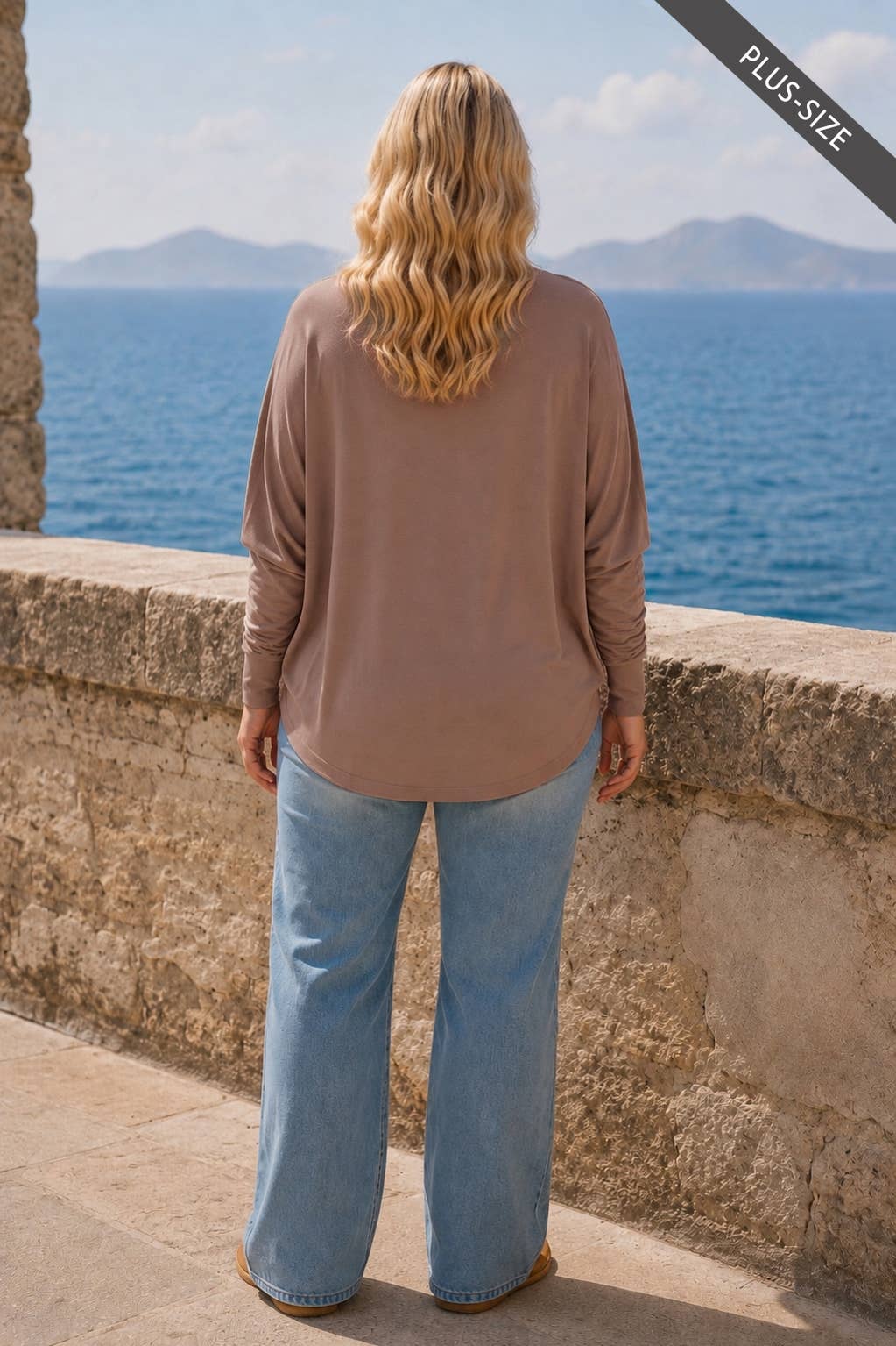 PLUS SIZE Drop Shoulder Round Hem Long Sleeve Top