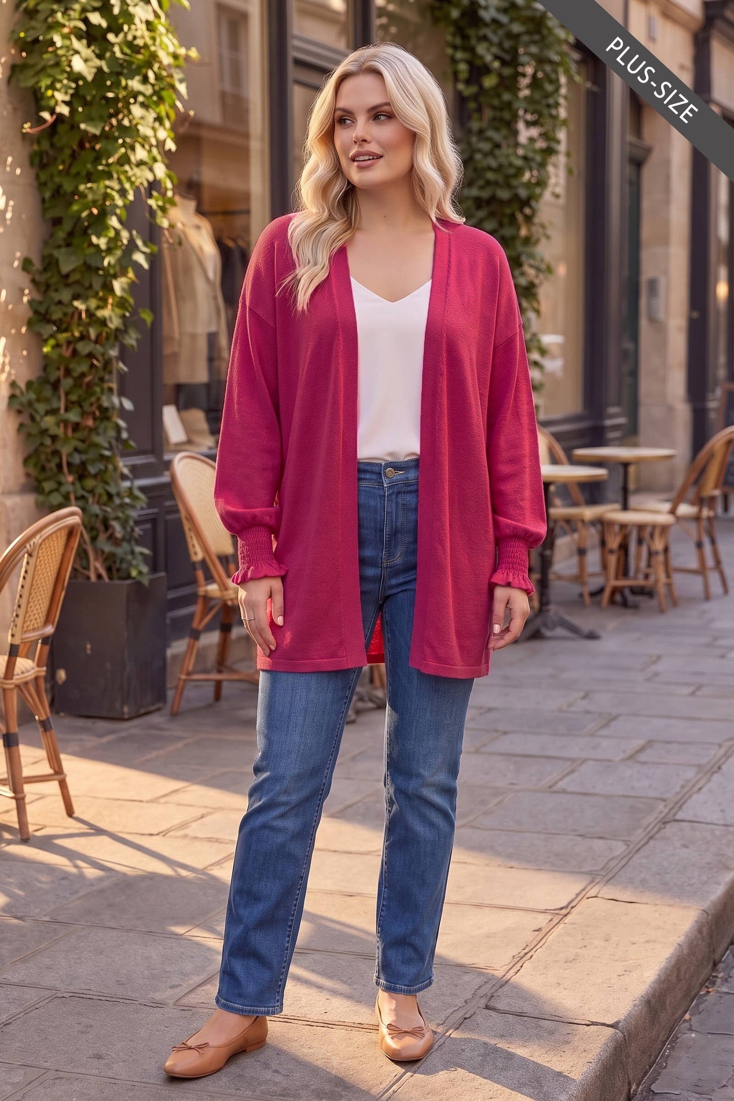 PLUS SIZE Soft Hacci Smocked Sleeve Open Front Cardigan