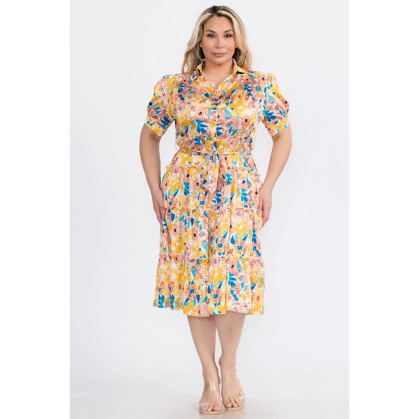 PLUS SIZE FLORAL COLLARED BUTTON DOWN TIERED MIDI DRESS