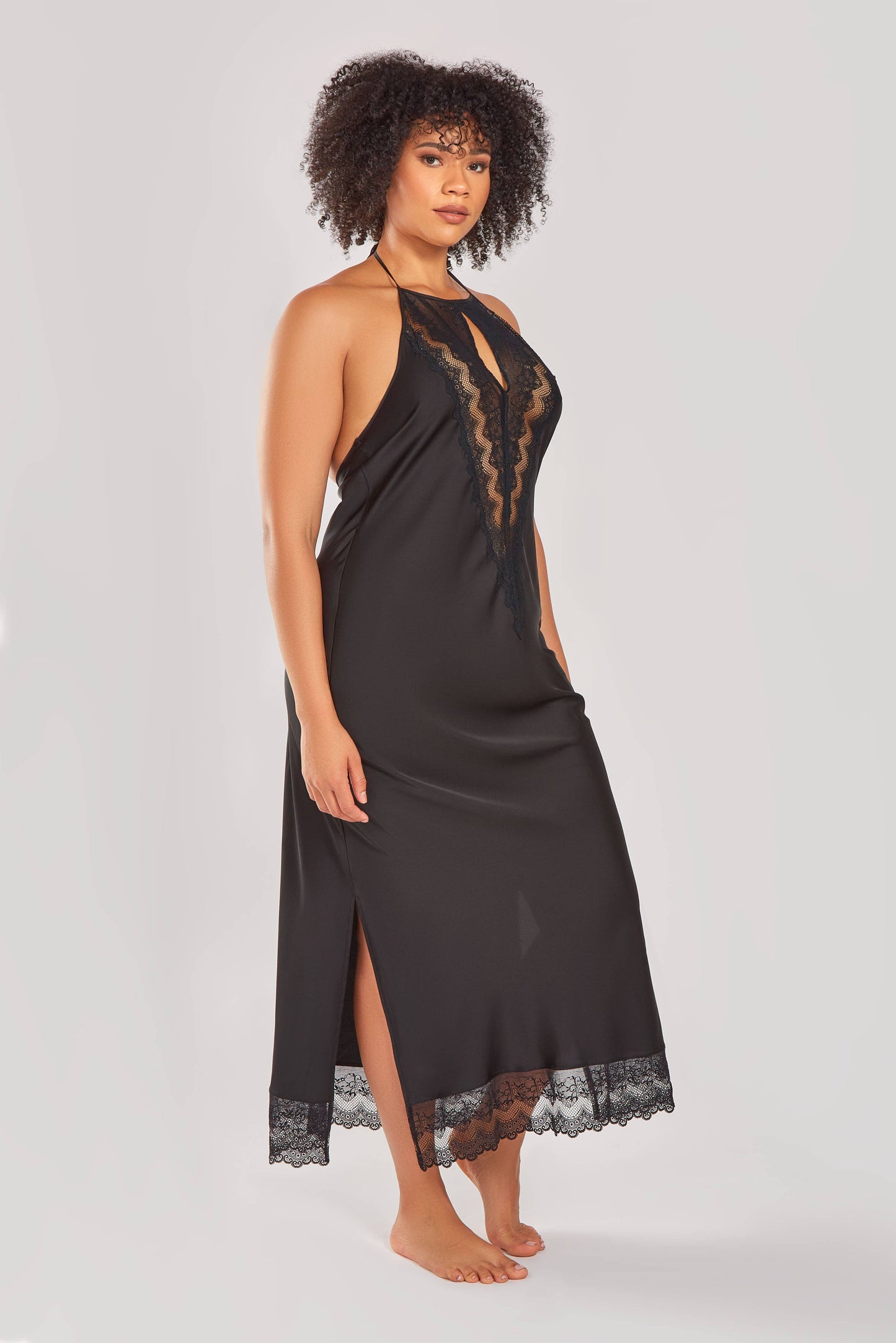 Tess Plus Size Stretch Satin Long Robe with Lace