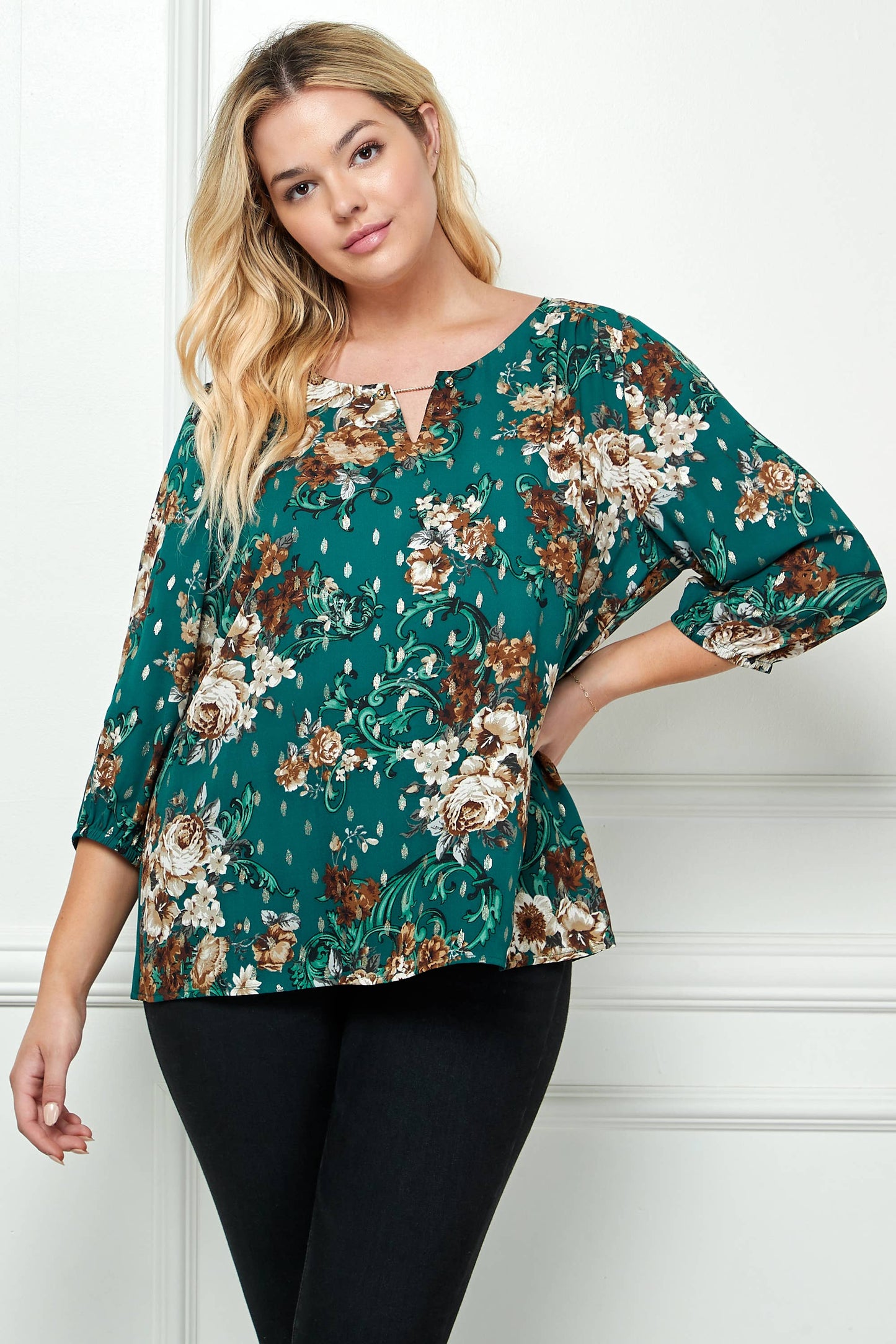 PLUS SIZE ELASTIC SLEEVE TRIM NECK FRONT BLOUSE G216777N38X