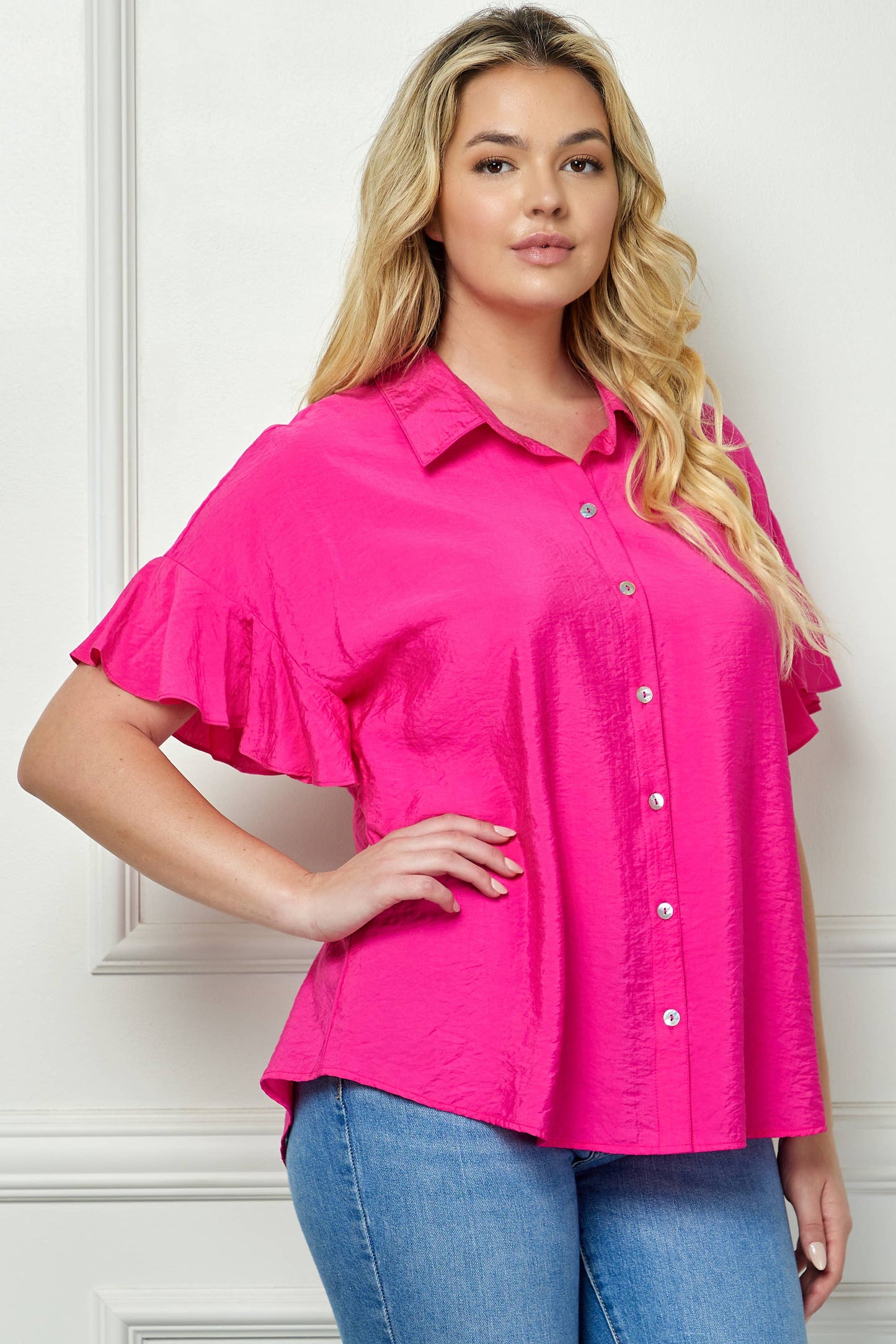 PLUS SIZE SOFTLY FEMININE RUFFLE SLEEVE BLOUSE