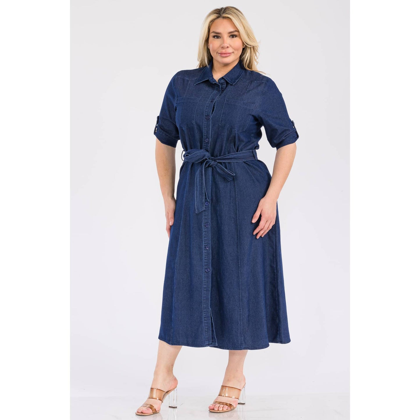 PLUS SIZE DENIM COLLARED BUTTON DOWN TIE WAIST MIDI SHIRT DR
