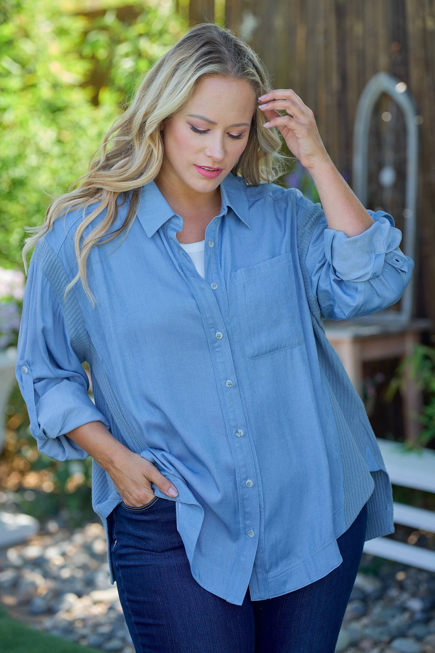 Plus Breezy Denim-Blue Button-Up-PIT6655