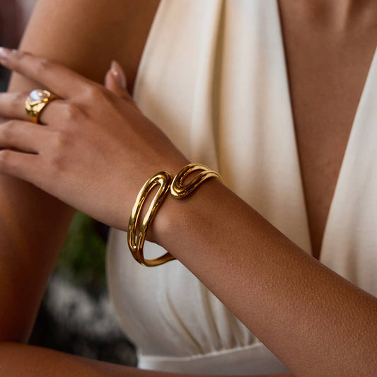 Unique 18K Gold Double Layer Spring Open Cuff_CWAJE4835