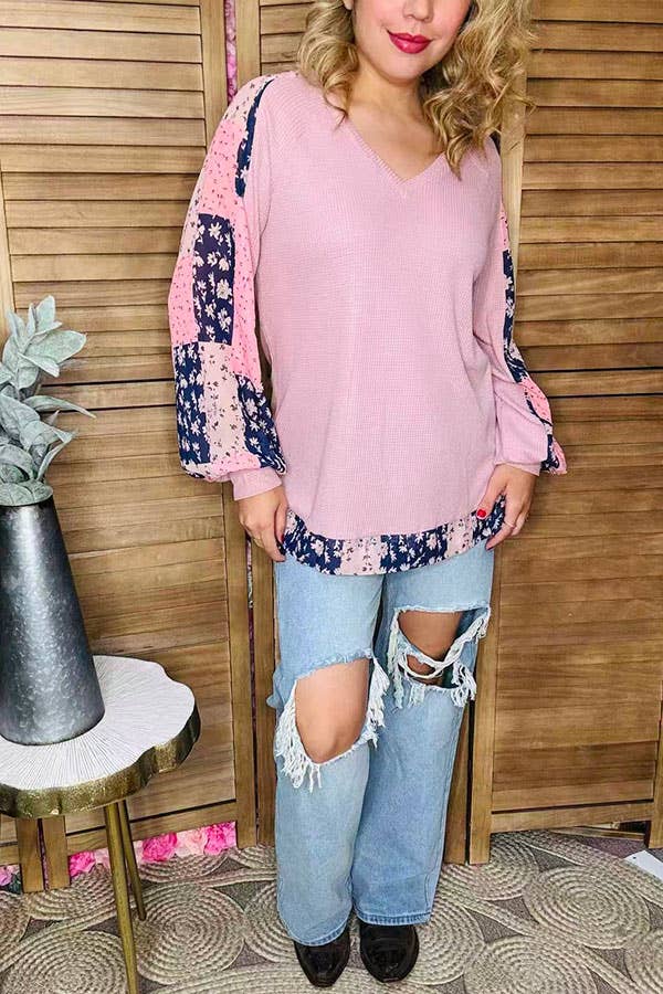 Pink Waffle chiffon floral long sleeve women blouse GJQ15675