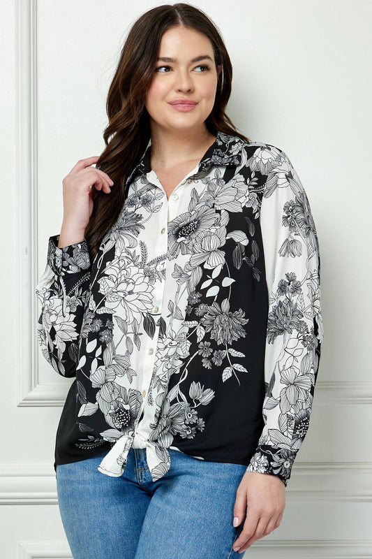 PLUS SIZE LONG SLEEVE  COLLAR TIE  FRONT SHIRT