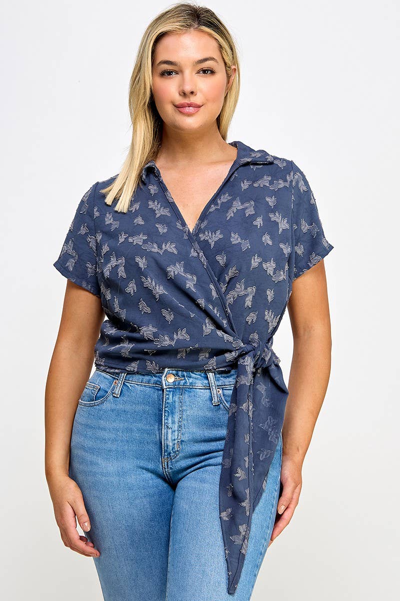 Plus Size Collar Wrap Side Tie Top - NK18396-T