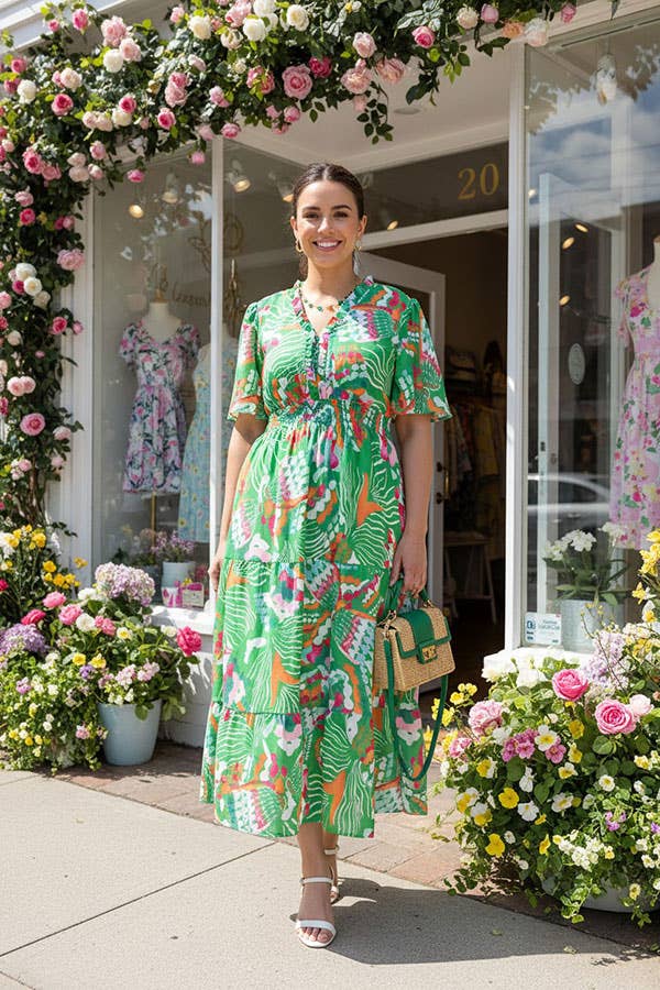 Green floral spring short sleeve women dress GJQ16824