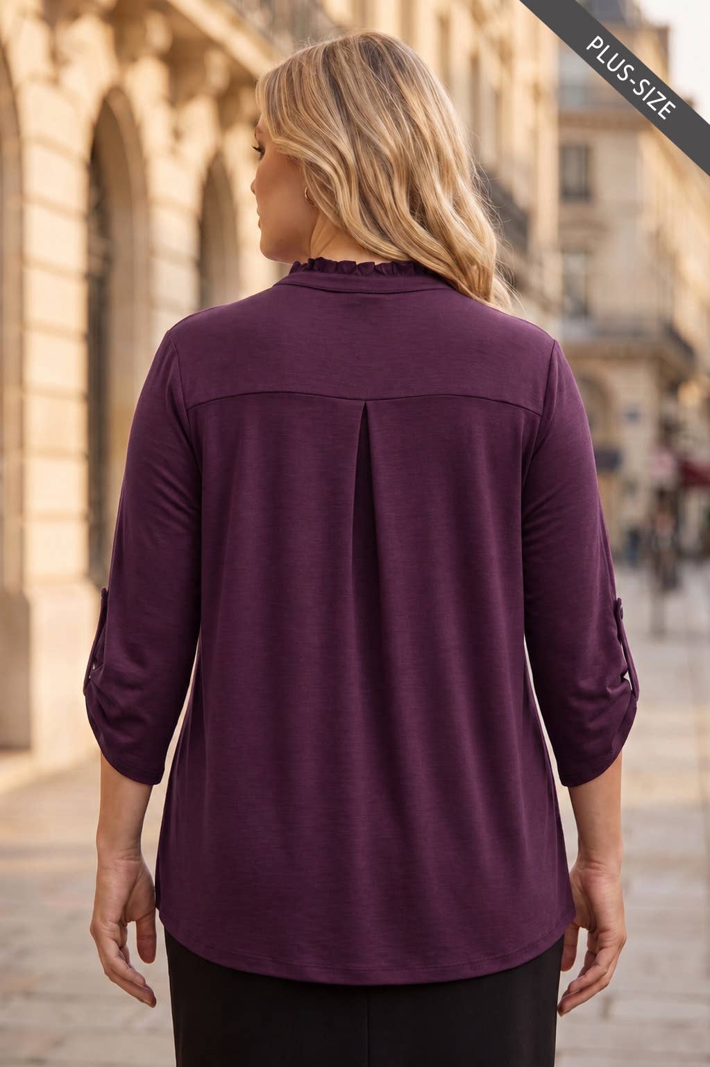 PLUS SIZE Ruffled Collar Lizzy 3/4 Sleeve Lightweight Blouse