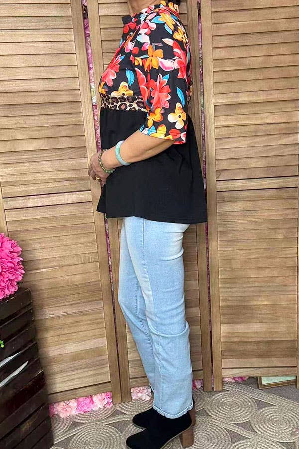Floral & leopard & black half sleeves women top GJQ16303