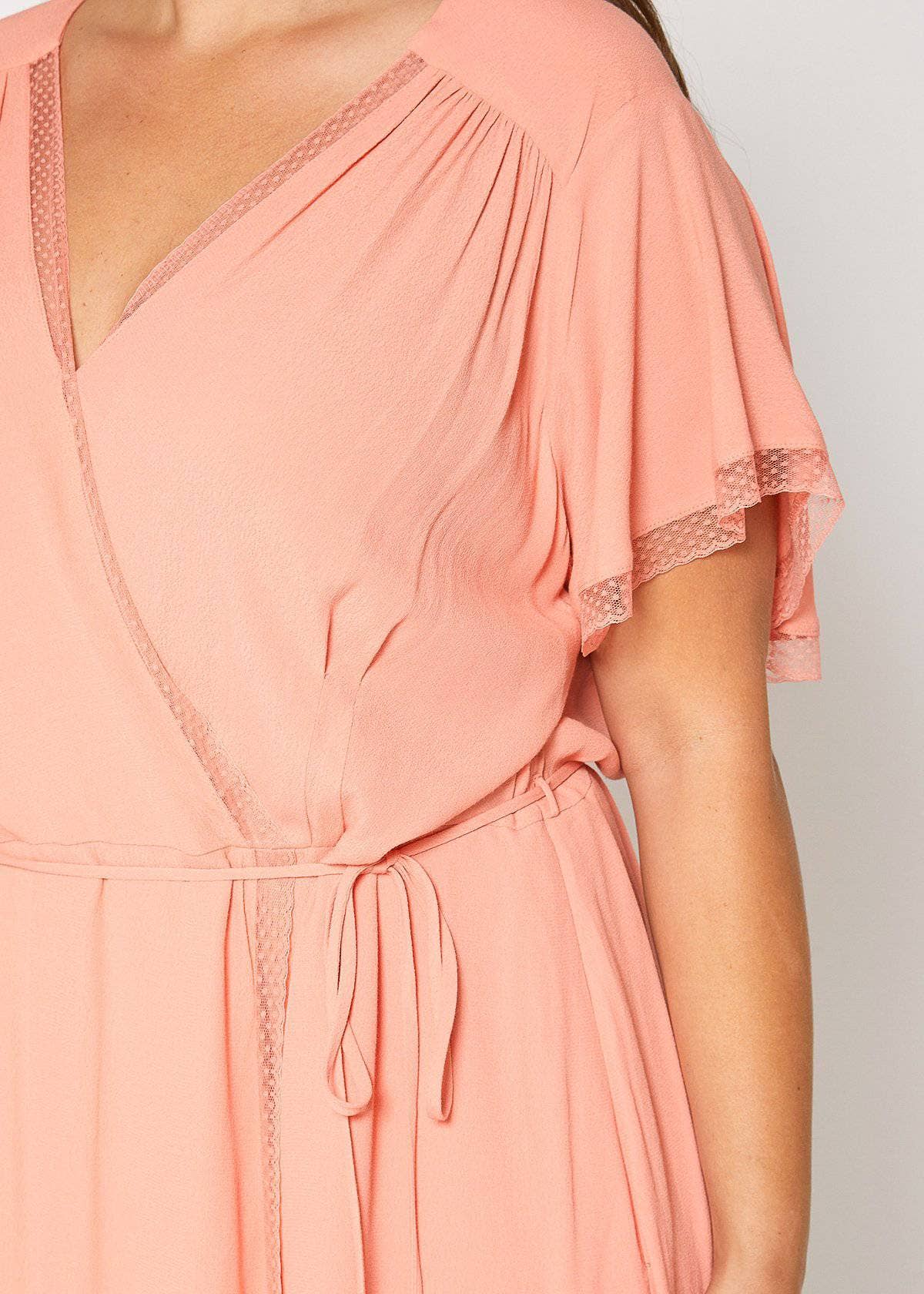Nurode's Plus Size Lace Trim Wrap Dress in Coral