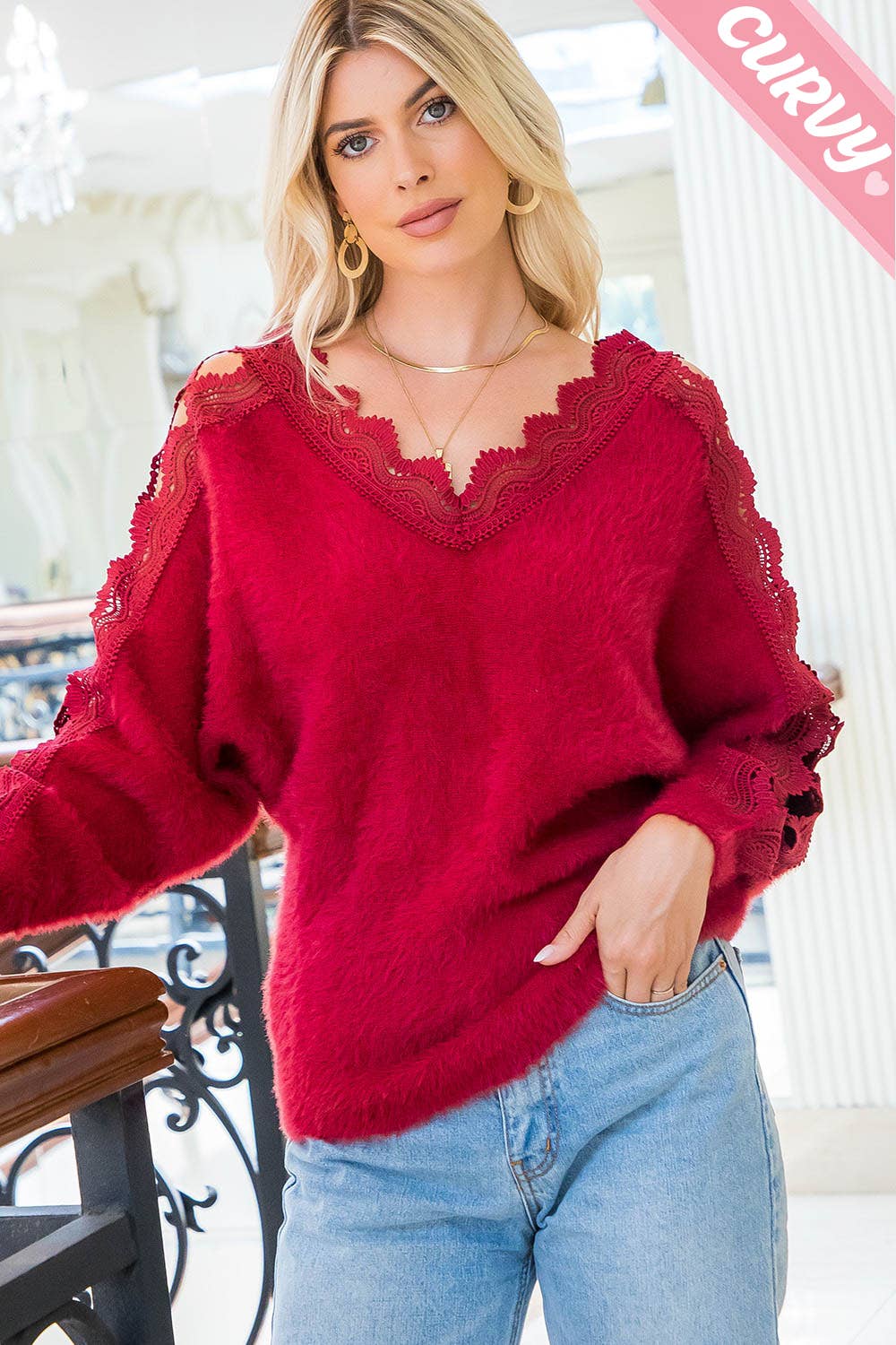 SW207PL LACE V-NECK SWEATER