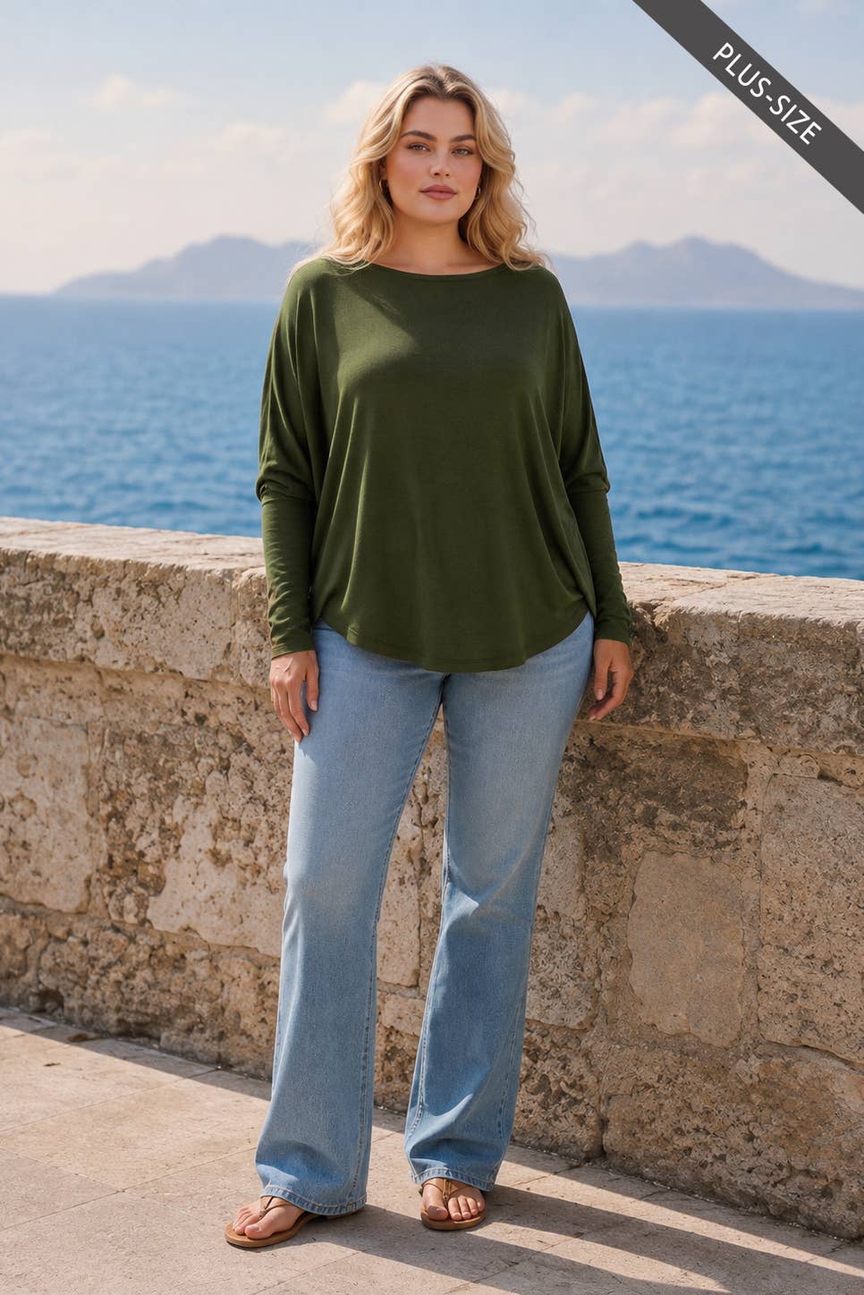 PLUS SIZE Drop Shoulder Round Hem Long Sleeve Top