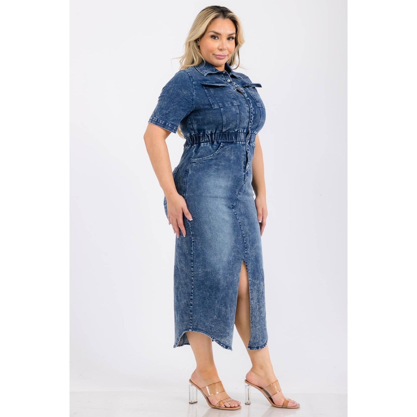PLUS SIZE DENIM COLLARED BUTTON DOWN ELASTIC WAIST FRONT SLI