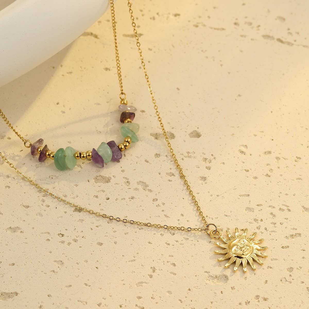 Boho Sun Pendant Natural Stone Beaded Necklace_CWMM12764