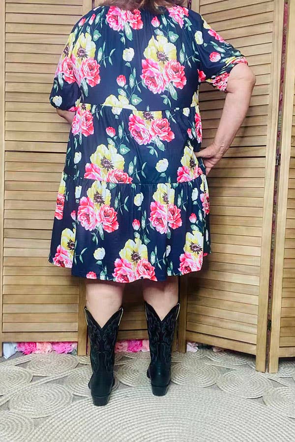 Floral print off shoulder short sleeve women dress GJQ15155