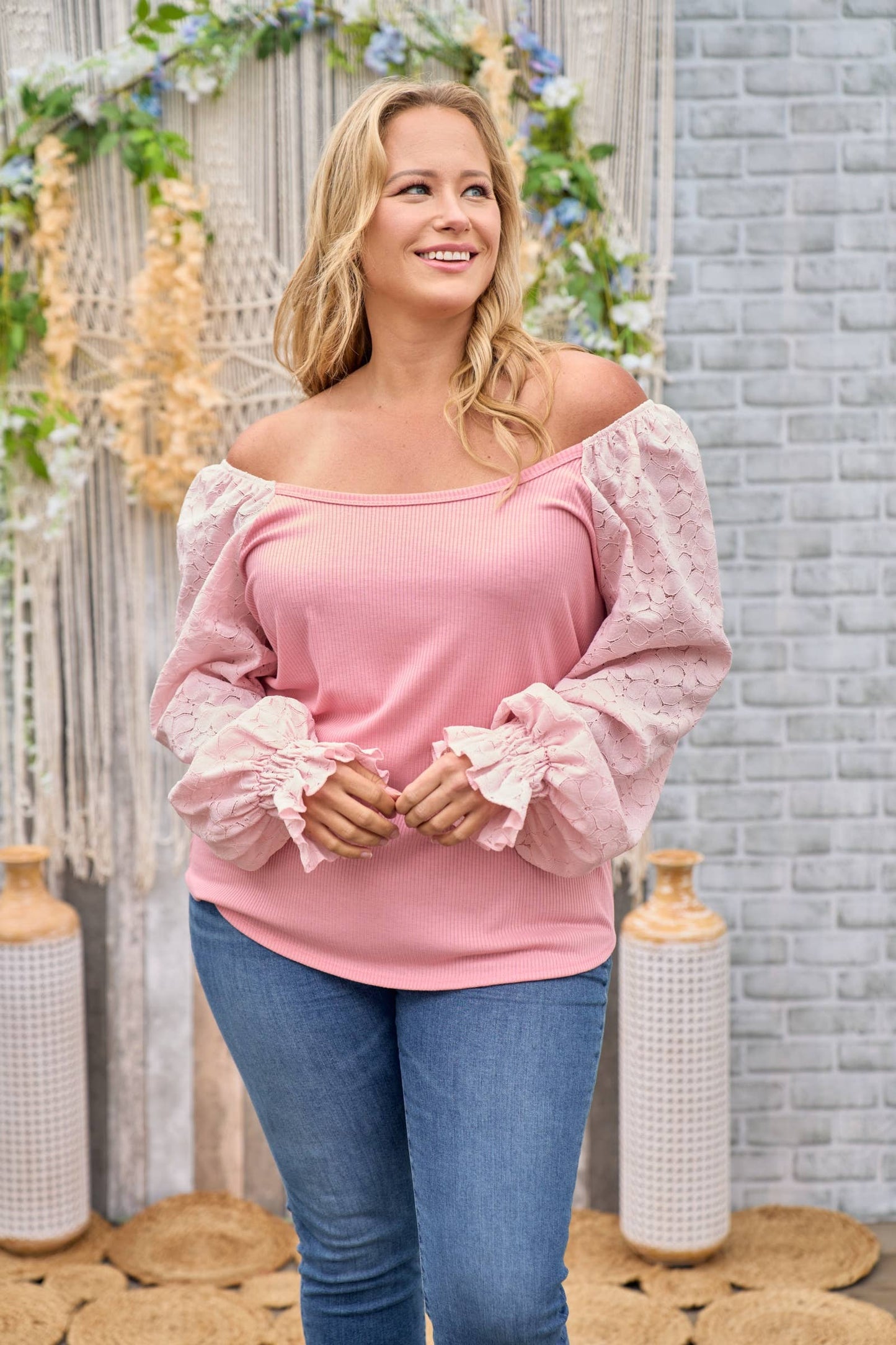 Plus curly rib-knit body with laced long-sleeve top-PLT6239B