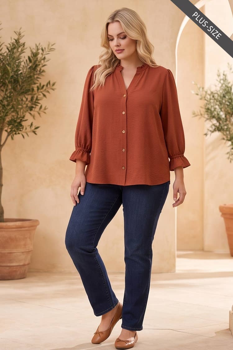 PLUS SIZE Ruffle 3/4 Sleeve Button Down Front Blouse