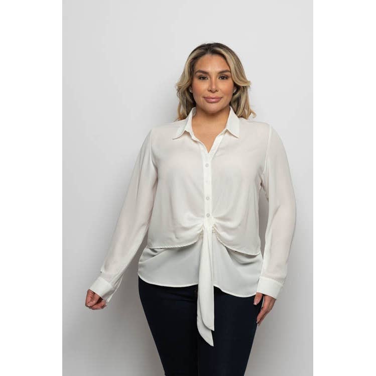 PLUS SIZE COLLARED BUTTON DOWN TIE WAIST CUT OUT LONG SLEEVE