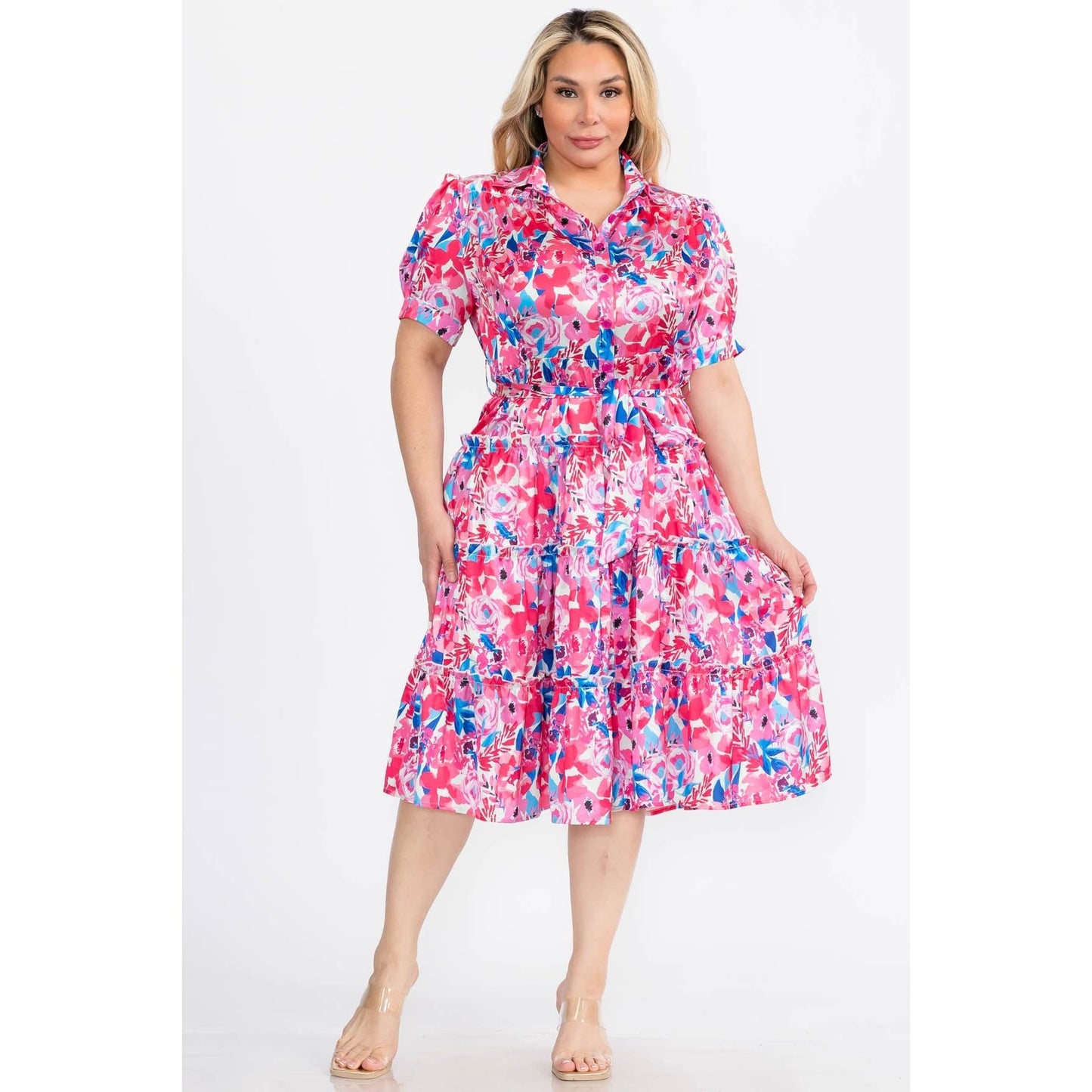 PLUS SIZE FLORAL COLLARED BUTTON DOWN TIERED MIDI DRESS