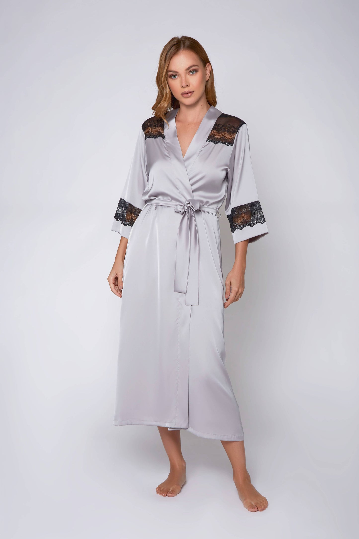 Tess Plus Size Long Stretch Satin Gown with Lace