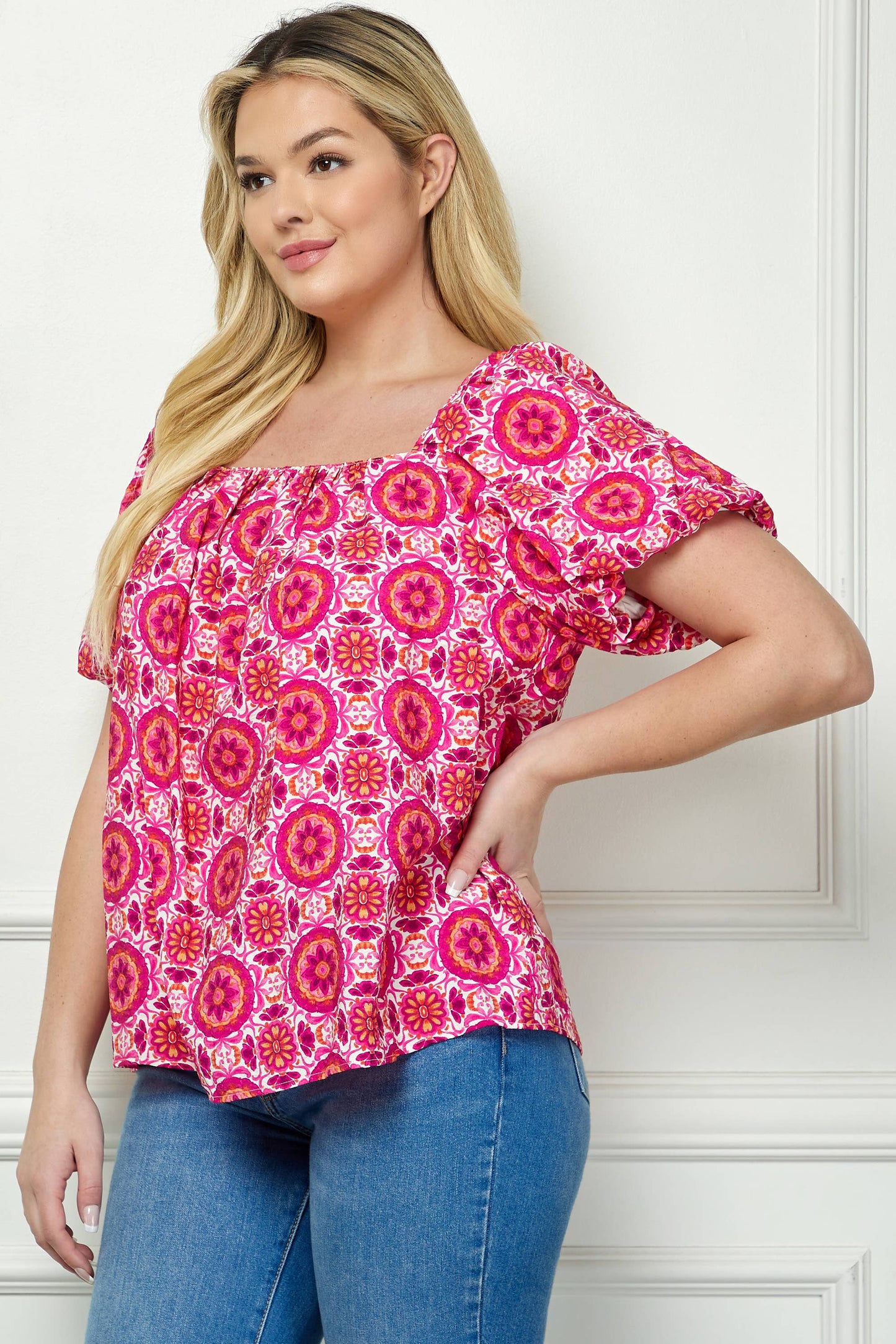 PLUS SIZE SHORT BUBBLE SLEEVE TRAPEZE BLOUSE G230550A49X