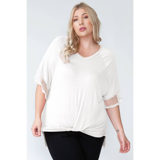 Plus Size V-Neck Dot Mesh Ruffled Sleeve Blouse