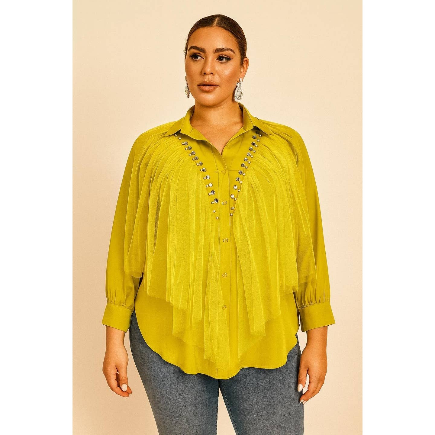 PLUS SIZE COLLARED RHINESTONE DETAIL TULLE LAYER BUTTON DOWN