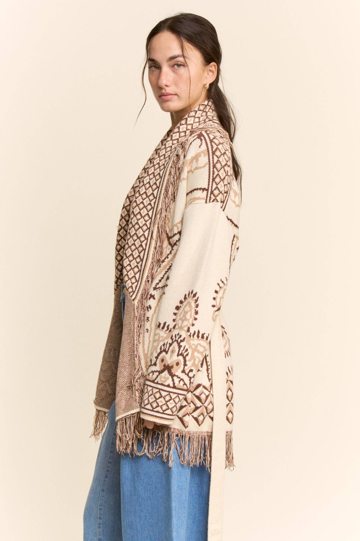Plus - Fringe Trim Jacquard Belted Cardigan