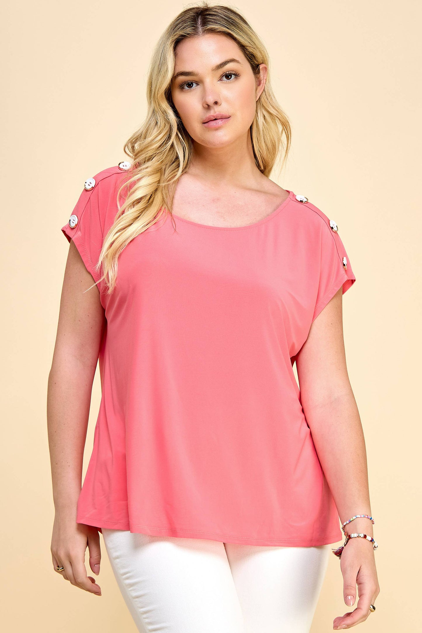 PLUS SIZE SHORSLEEVE TOP WITH BUTTONS SHOULDERS