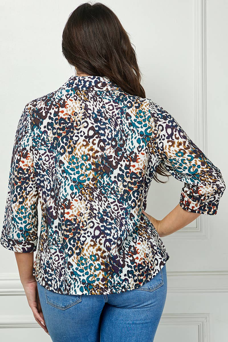 PLUS SIZE JOHNNY COLLAR BUTTON FRONT SHIRT