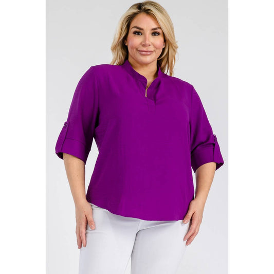 PLUS SIZE SPLIT NECK ROLL UP SLEEVE RELAXED BLOUSE