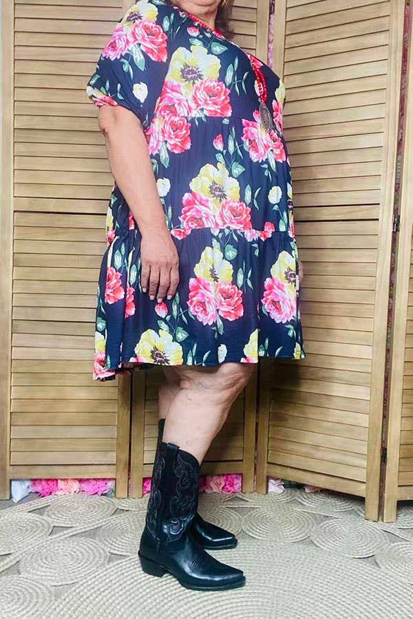 Floral print off shoulder short sleeve women dress GJQ15155