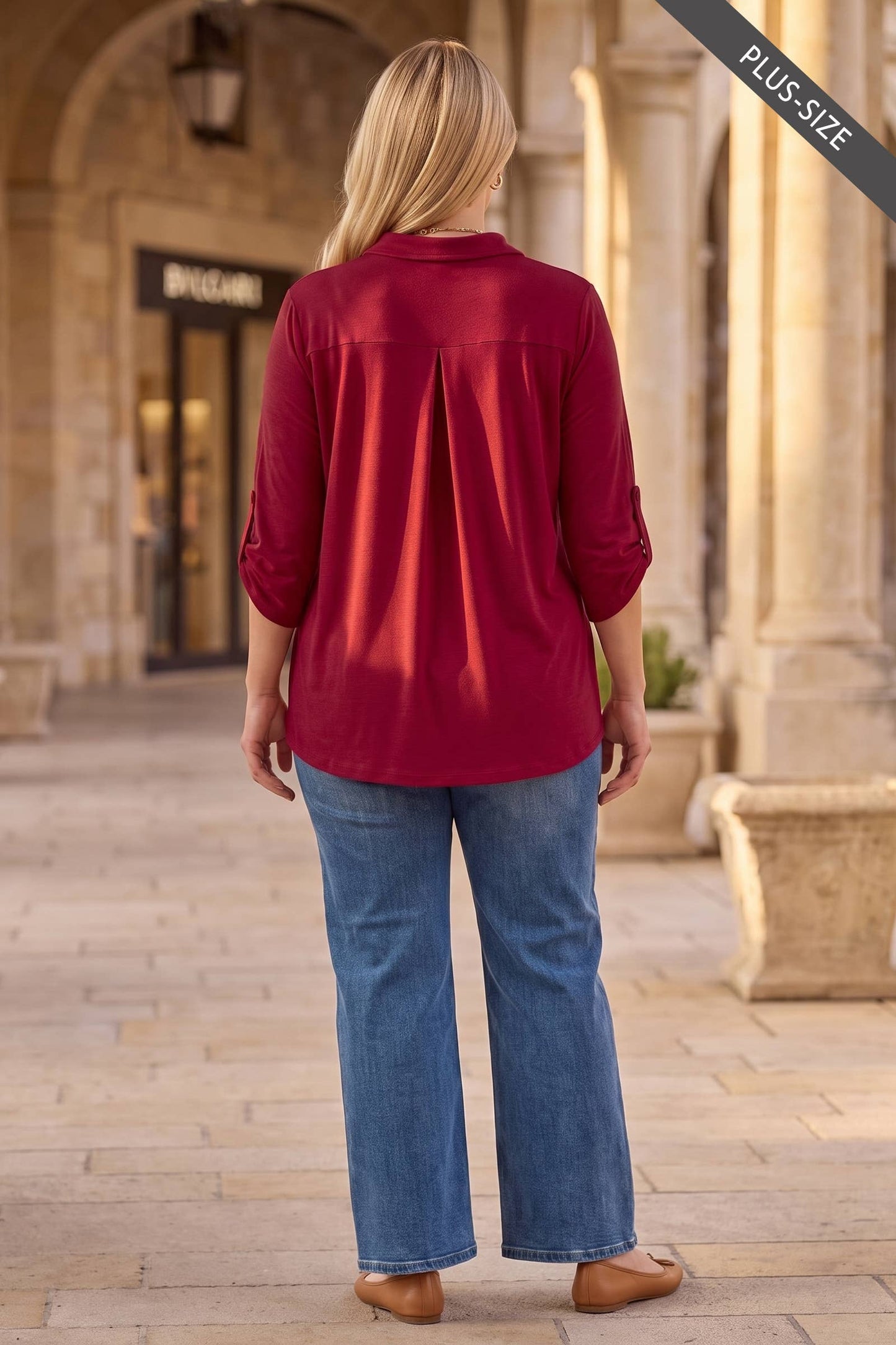 PLUS SIZE Collared 3/4 Sleeve Blouse Top