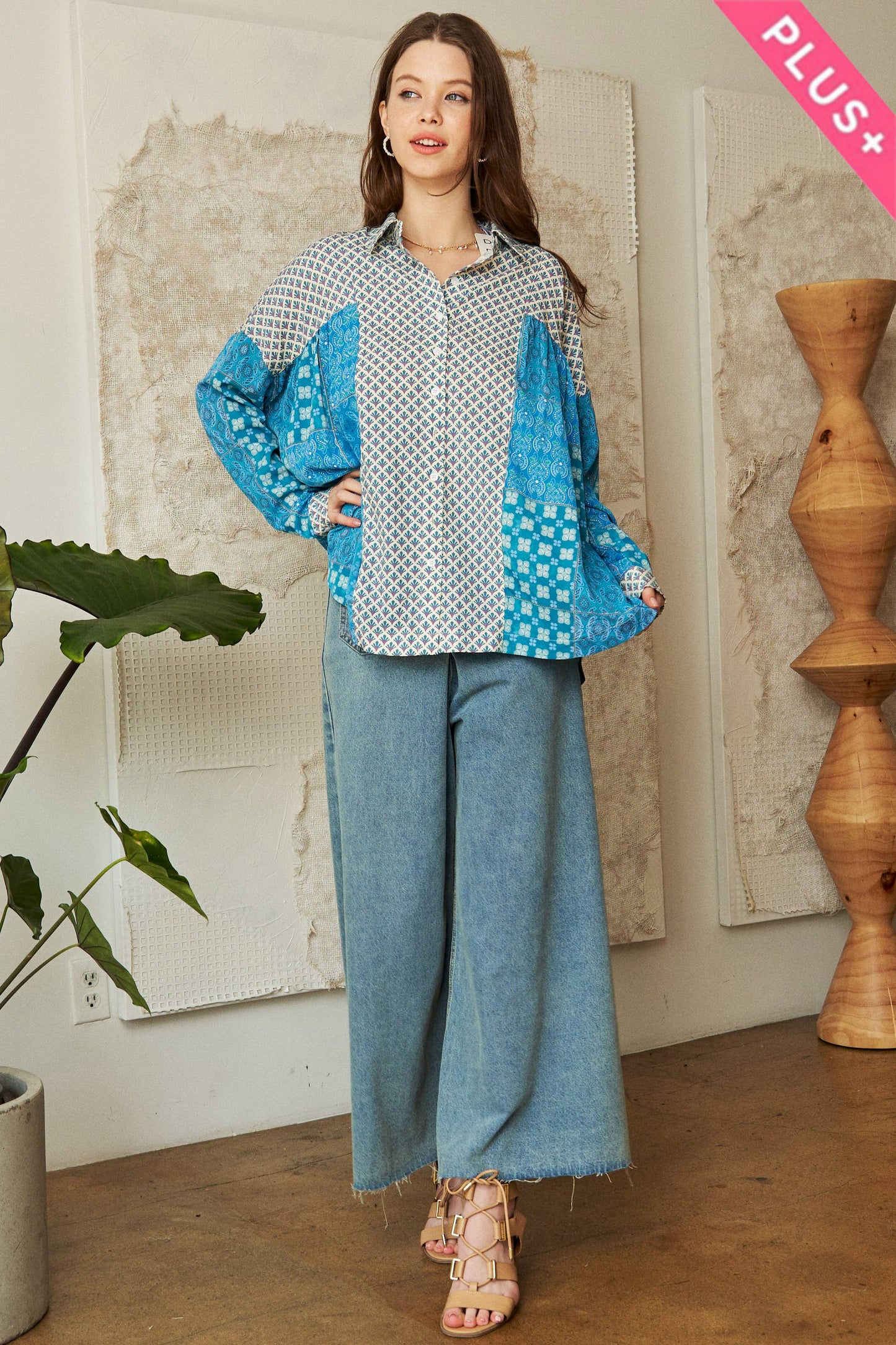 PLUS GEO MIXED BUTTON FRONT SLOUCHY RELAXED TOP