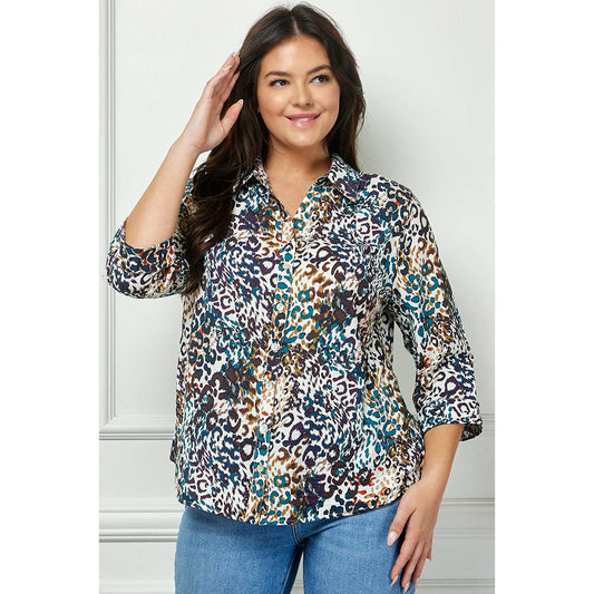 PLUS SIZE JOHNNY COLLAR BUTTON FRONT SHIRT