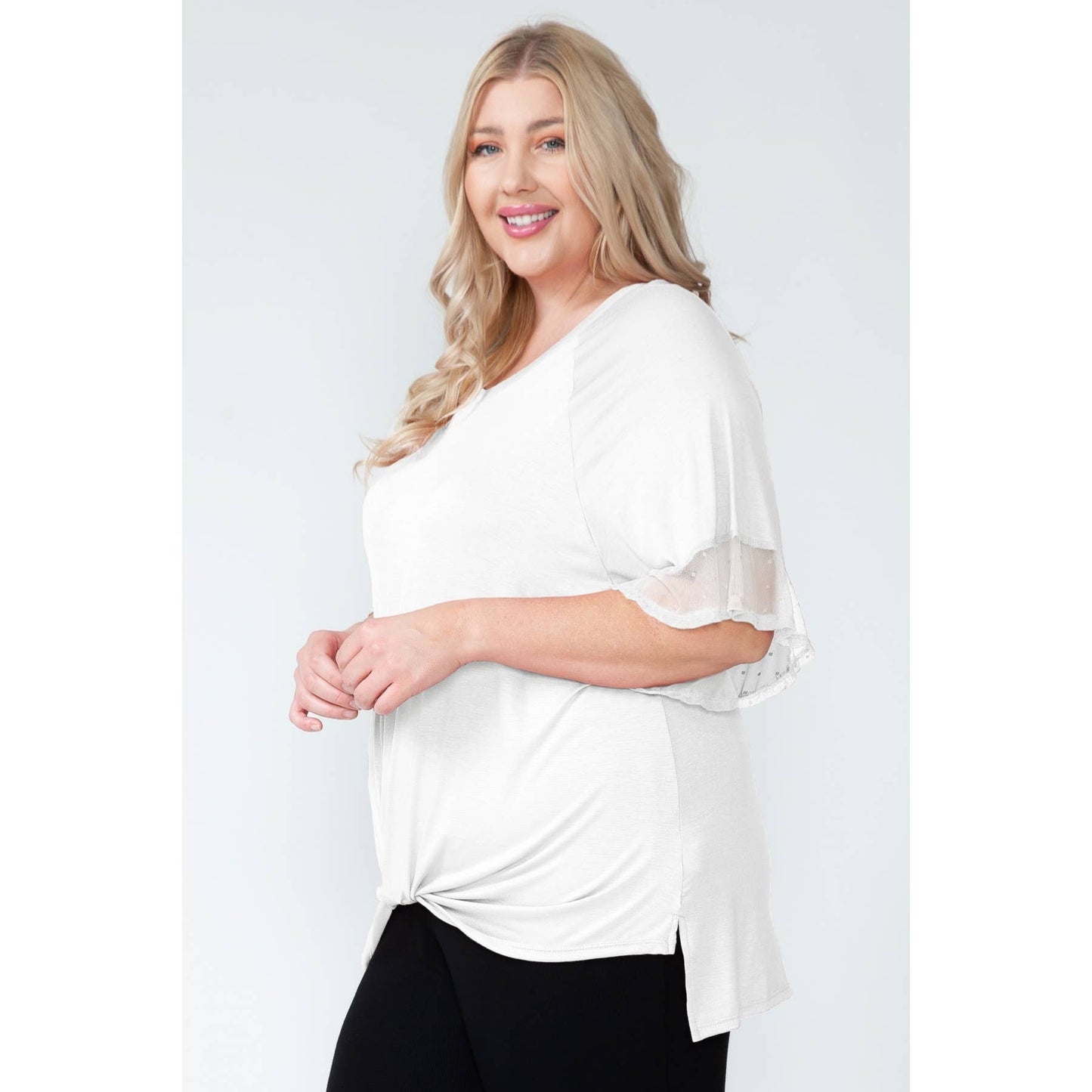 Plus Size V-Neck Dot Mesh Ruffled Sleeve Blouse