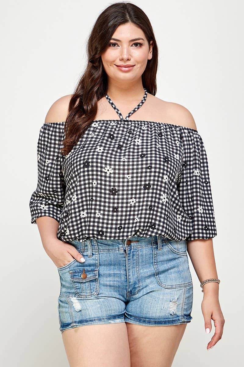 Plus Size Checker Off Shoulder Halter Top - WG17823-4T