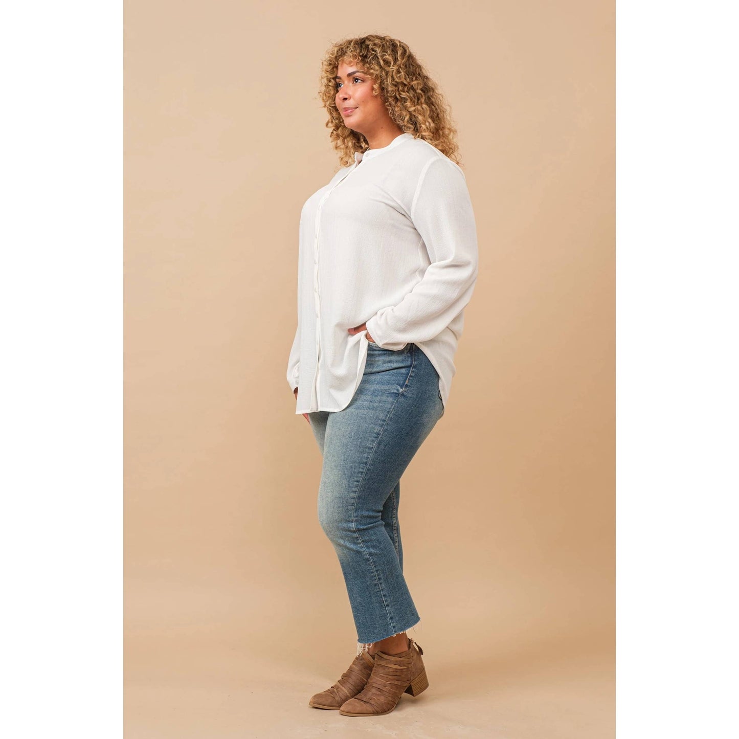 PLUS SIZE LUREX PINSTRIPE BUTTON DOWN LONG SLEEVE BLOUSE