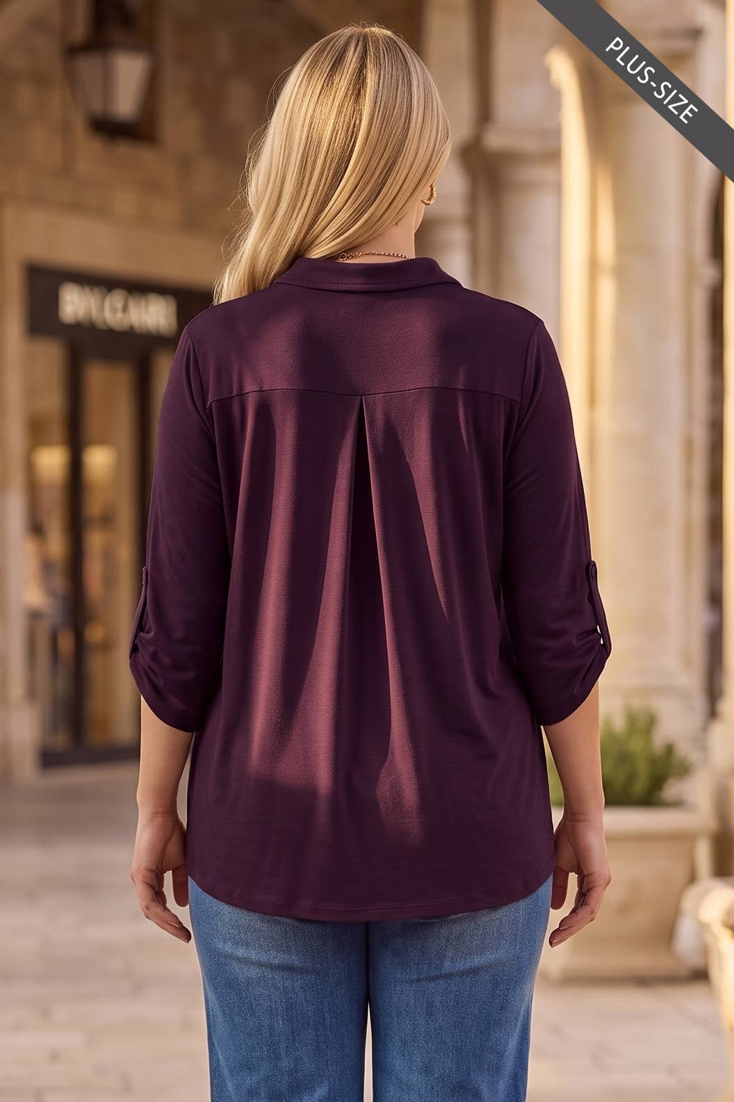 PLUS SIZE Collared 3/4 Sleeve Blouse Top