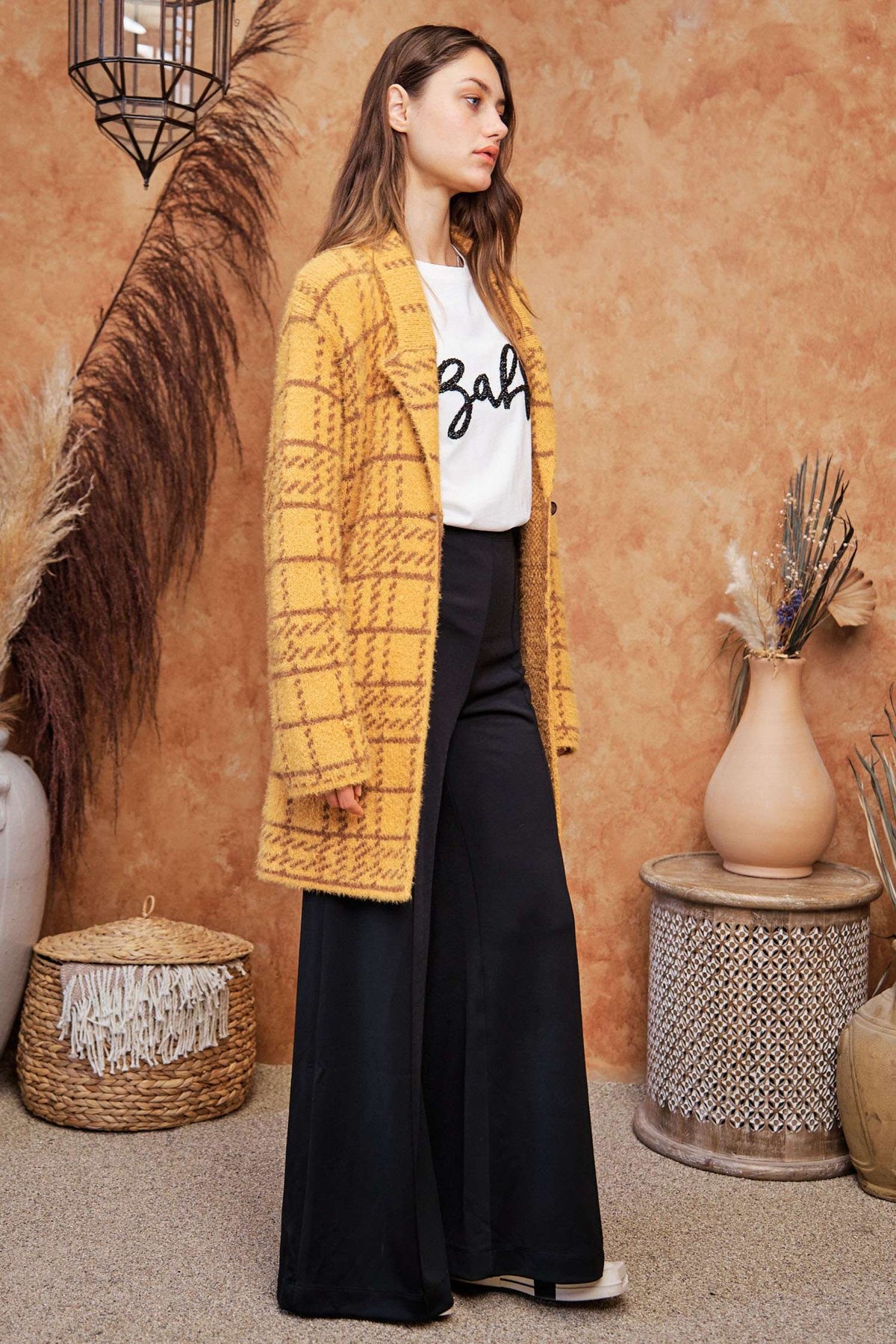 Plus - Plaid Knit Lapel Collar Button Front Long Coat