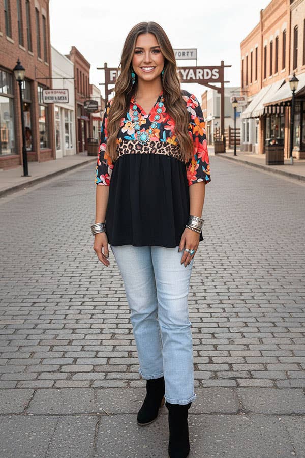 Floral & leopard & black half sleeves women top GJQ16303