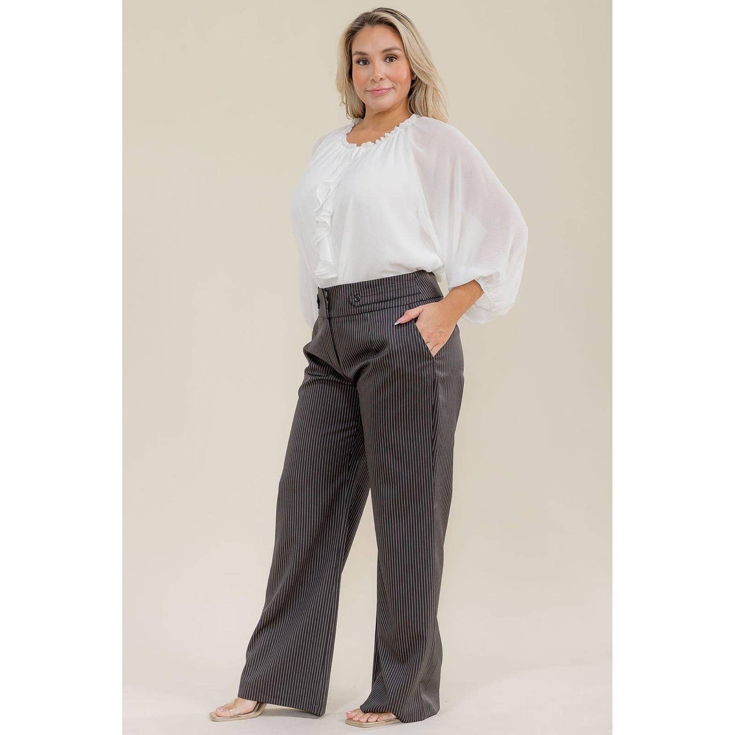 PLUS SIZE PIN STRIPE WIDE FLARE LEG TROUSER PANTS