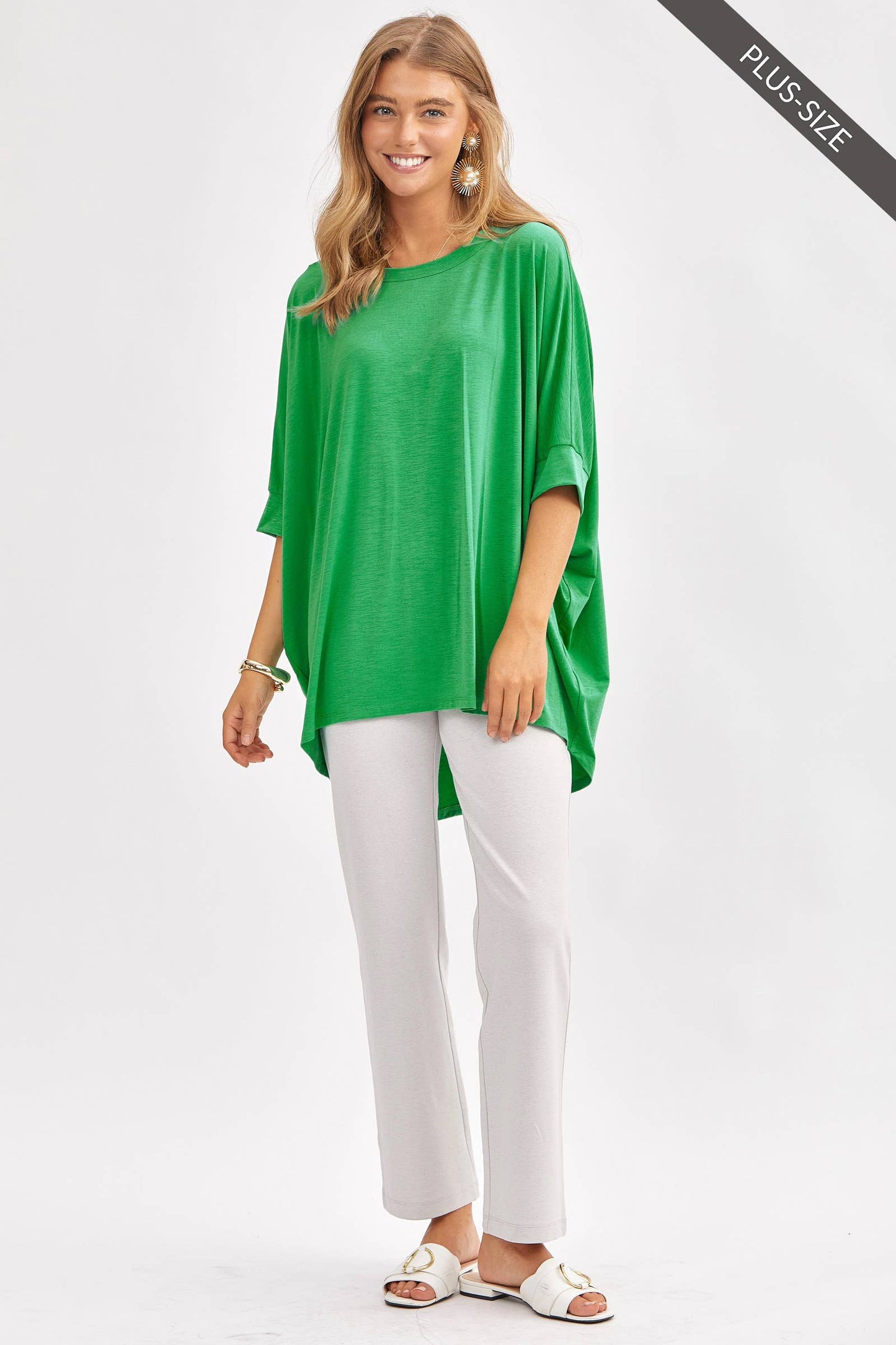 PLUS SIZE Relaxed Banded Dolman Sleeve Poncho-Like Tunic Top