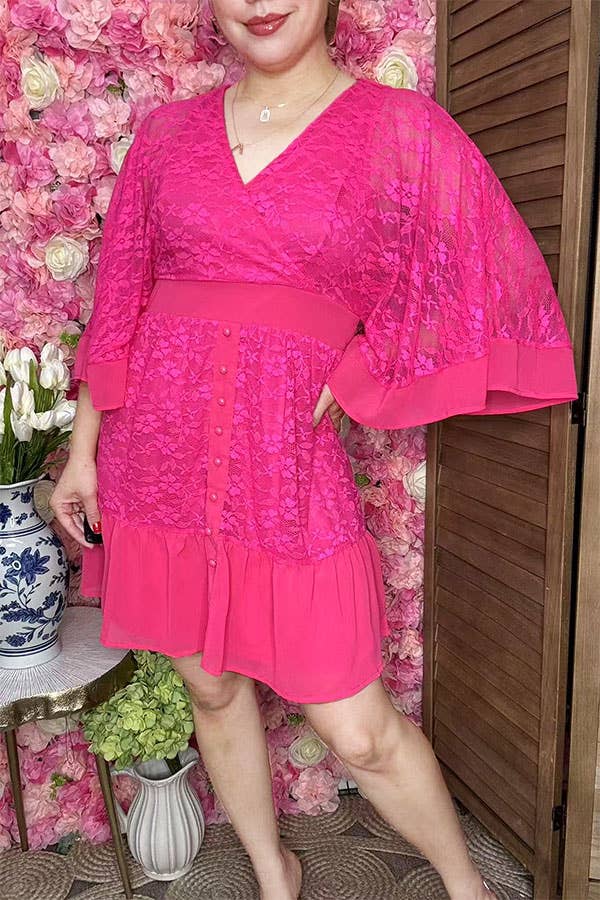 Fuchsia lace w/linling & bell sleeve & buttons BQ15956