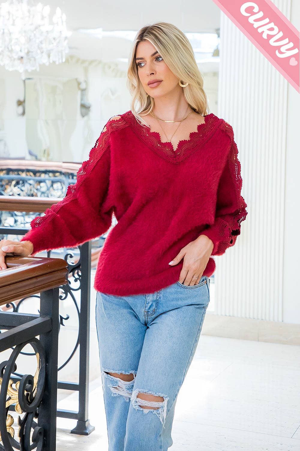 SW207PL LACE V-NECK SWEATER
